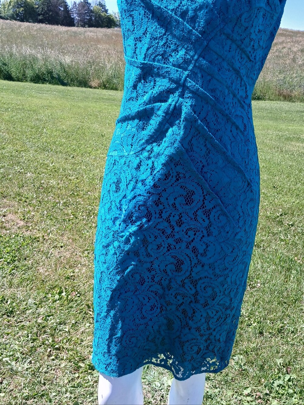 Adrianna Papell Teal Lace Sleeveless Sheath Dress Ruched Cocktail Evening size 4 - Picture 7 of 10